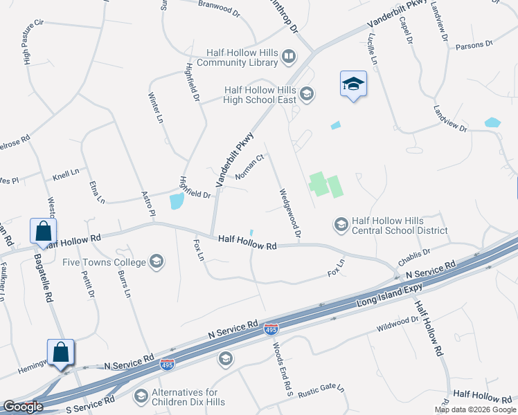 map of restaurants, bars, coffee shops, grocery stores, and more near 8 Danny Court in Dix Hills