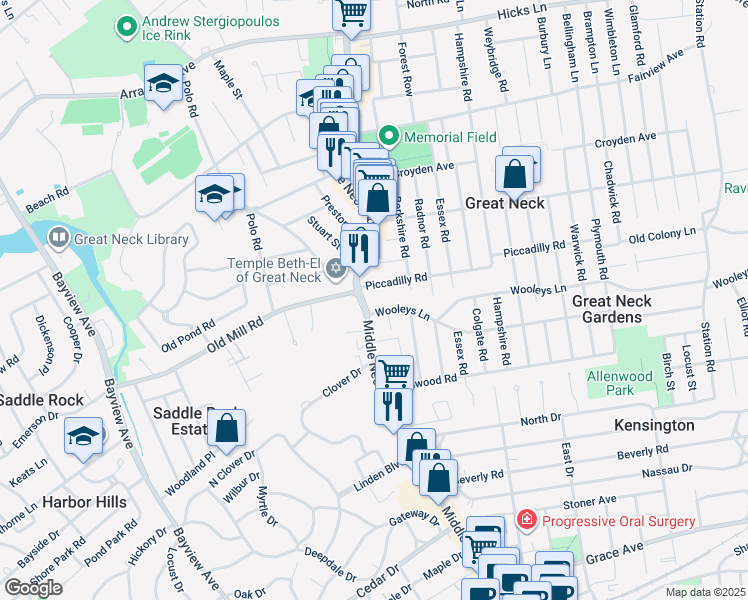 map of restaurants, bars, coffee shops, grocery stores, and more near 8 Wooleys Lane in Great Neck