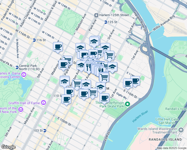 map of restaurants, bars, coffee shops, grocery stores, and more near 221 East 115th Street in New York