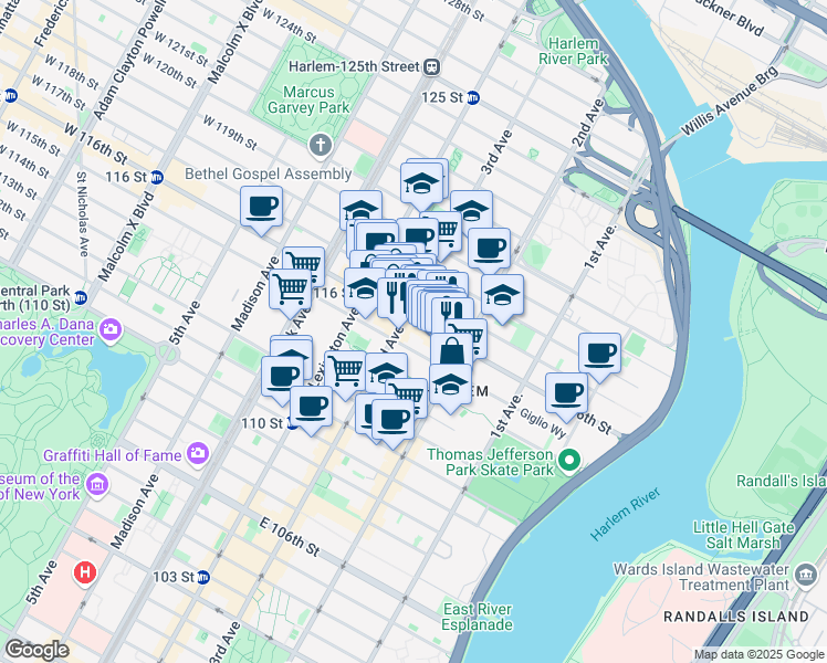 map of restaurants, bars, coffee shops, grocery stores, and more near 221 East 115th Street in New York