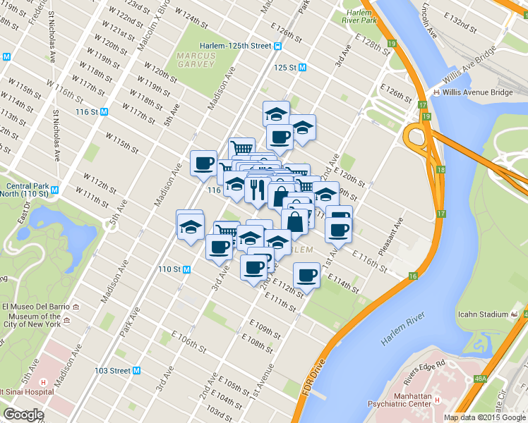 map of restaurants, bars, coffee shops, grocery stores, and more near 221 East 115th Street in New York