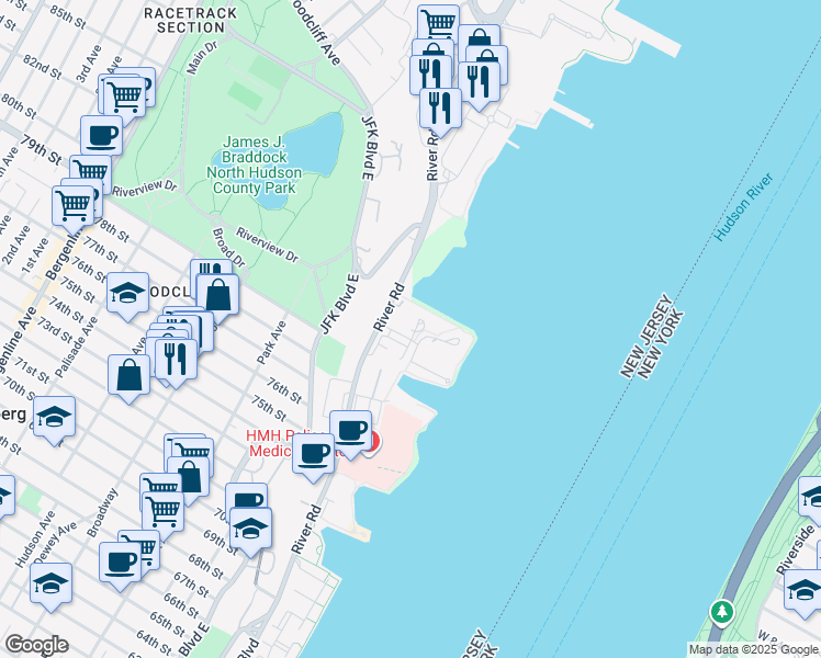 map of restaurants, bars, coffee shops, grocery stores, and more near 7912 River Road in North Bergen