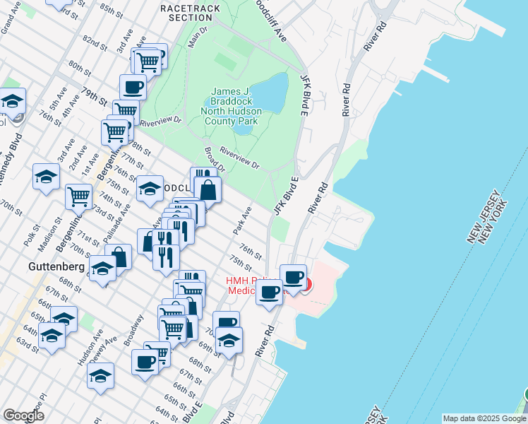 map of restaurants, bars, coffee shops, grocery stores, and more near 7800 Boulevard East in North Bergen