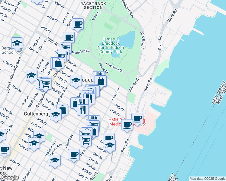 map of restaurants, bars, coffee shops, grocery stores, and more near 115 77th Street in North Bergen