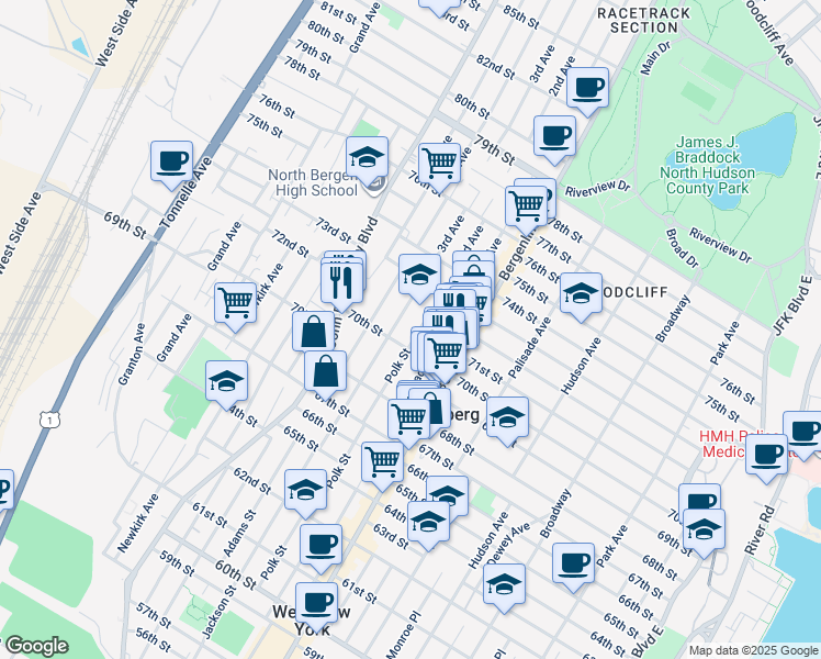 map of restaurants, bars, coffee shops, grocery stores, and more near 6914 Jackson Street in Guttenberg