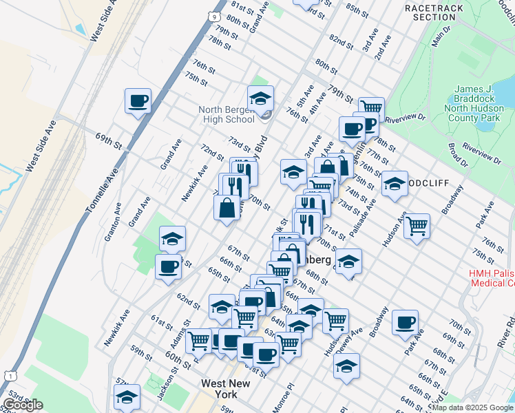 map of restaurants, bars, coffee shops, grocery stores, and more near 6825 Adams Street in Guttenberg