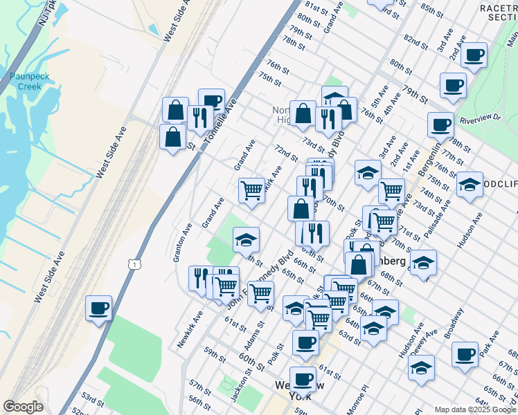 map of restaurants, bars, coffee shops, grocery stores, and more near 1309 67th Street in North Bergen