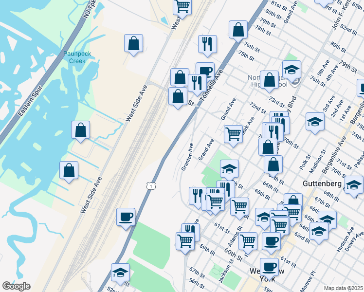 map of restaurants, bars, coffee shops, grocery stores, and more near 6310 Liberty Avenue in North Bergen