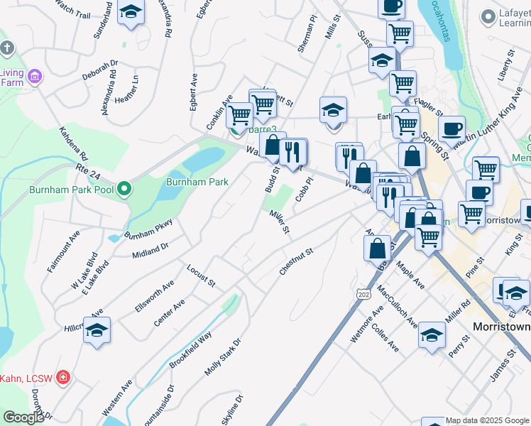 map of restaurants, bars, coffee shops, grocery stores, and more near 17 Miller Street in Morristown