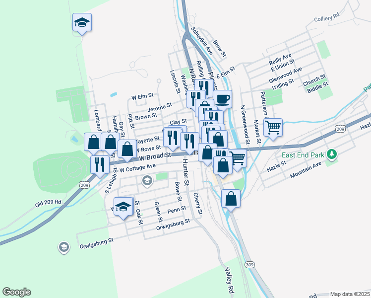 map of restaurants, bars, coffee shops, grocery stores, and more near 112 West Broad Street in Tamaqua