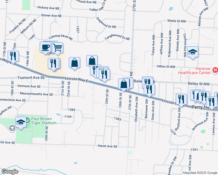 map of restaurants, bars, coffee shops, grocery stores, and more near 124 25th Street Southeast in Massillon