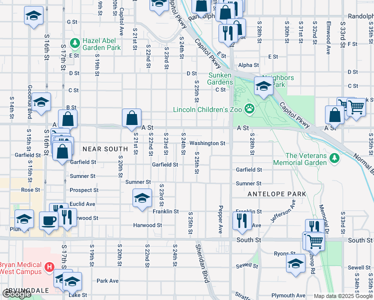 map of restaurants, bars, coffee shops, grocery stores, and more near 1551 South 25th Street in Lincoln
