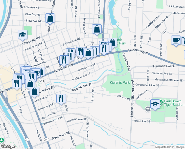 map of restaurants, bars, coffee shops, grocery stores, and more near 141 10th Street Southeast in Massillon