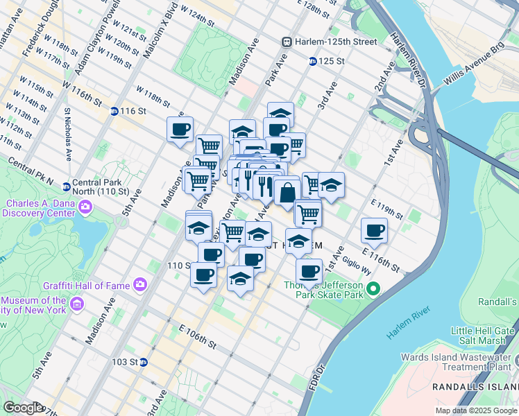 map of restaurants, bars, coffee shops, grocery stores, and more near 190 East 115th Street in New York