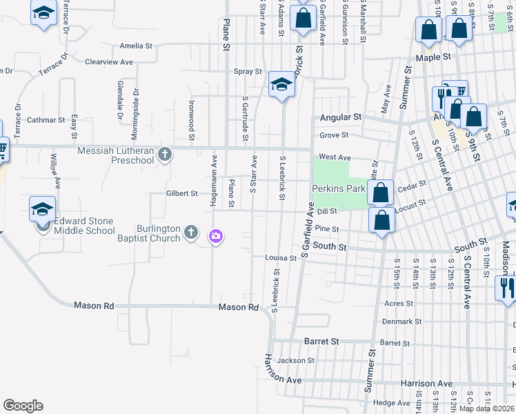 map of restaurants, bars, coffee shops, grocery stores, and more near 1101 South Starr Avenue in Burlington