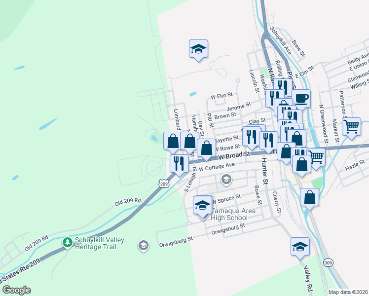 map of restaurants, bars, coffee shops, grocery stores, and more near 20 North Lehigh Street in Tamaqua