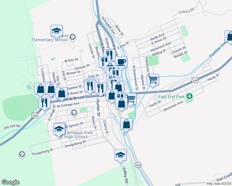 map of restaurants, bars, coffee shops, grocery stores, and more near in Tamaqua