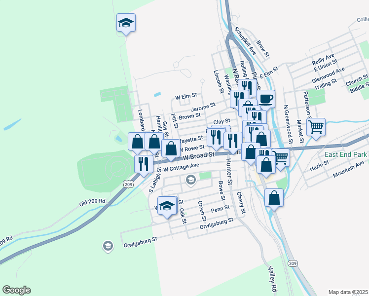map of restaurants, bars, coffee shops, grocery stores, and more near 257 West Rowe Street in Tamaqua