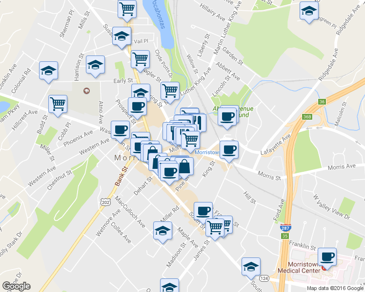 map of restaurants, bars, coffee shops, grocery stores, and more near 59 Morris St in Morristown