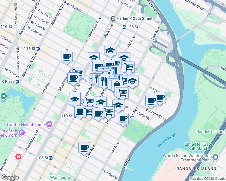map of restaurants, bars, coffee shops, grocery stores, and more near East 116th Street in New York