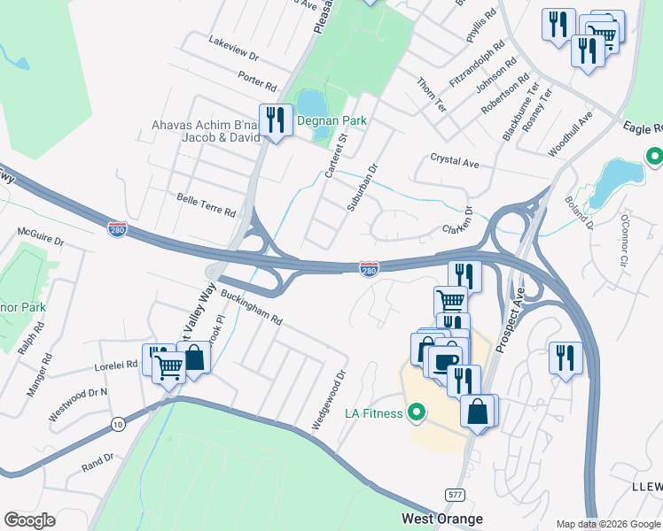 map of restaurants, bars, coffee shops, grocery stores, and more near Essex Freeway in West Orange