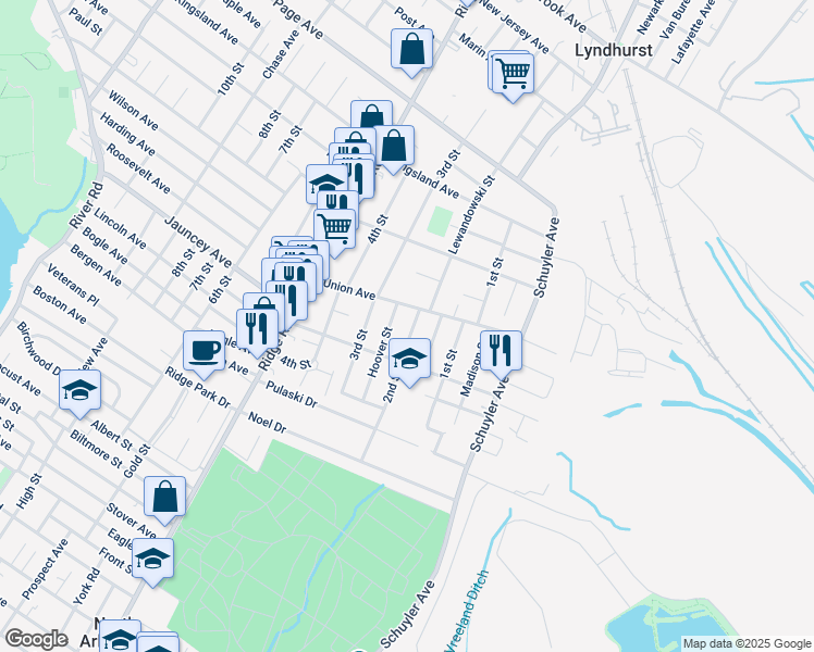 map of restaurants, bars, coffee shops, grocery stores, and more near 32 Hoover Street in North Arlington