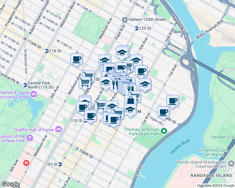 map of restaurants, bars, coffee shops, grocery stores, and more near 2117 3rd Avenue in New York