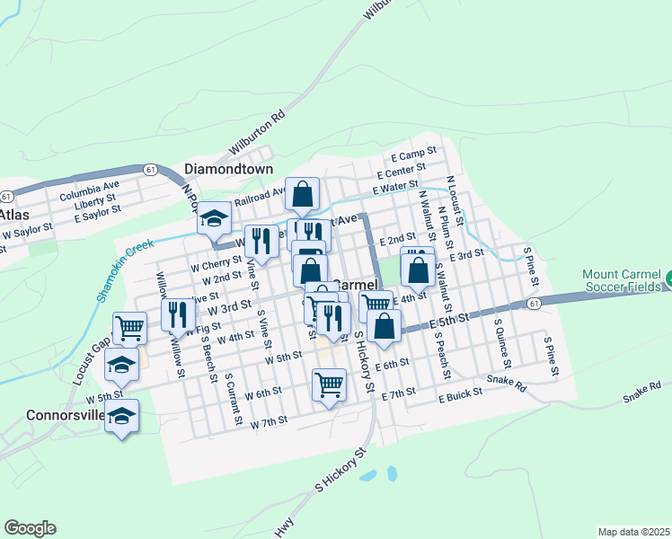 map of restaurants, bars, coffee shops, grocery stores, and more near 1994 East 3rd Street in Mount Carmel