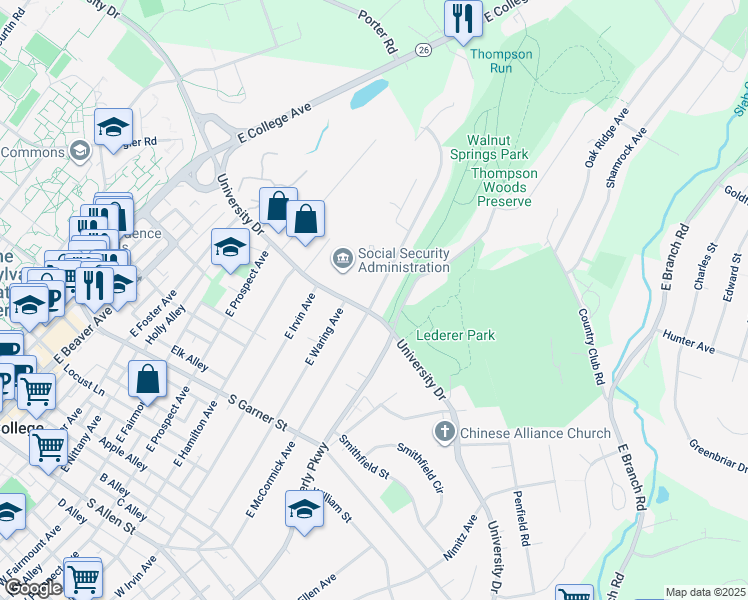 map of restaurants, bars, coffee shops, grocery stores, and more near 723 East McCormick Avenue in State College