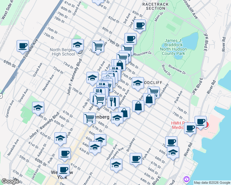 map of restaurants, bars, coffee shops, grocery stores, and more near 412 72nd Street in North Bergen