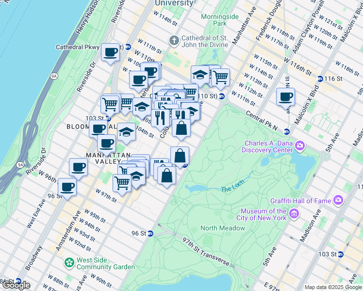map of restaurants, bars, coffee shops, grocery stores, and more near 110 Manhattan Avenue in New York