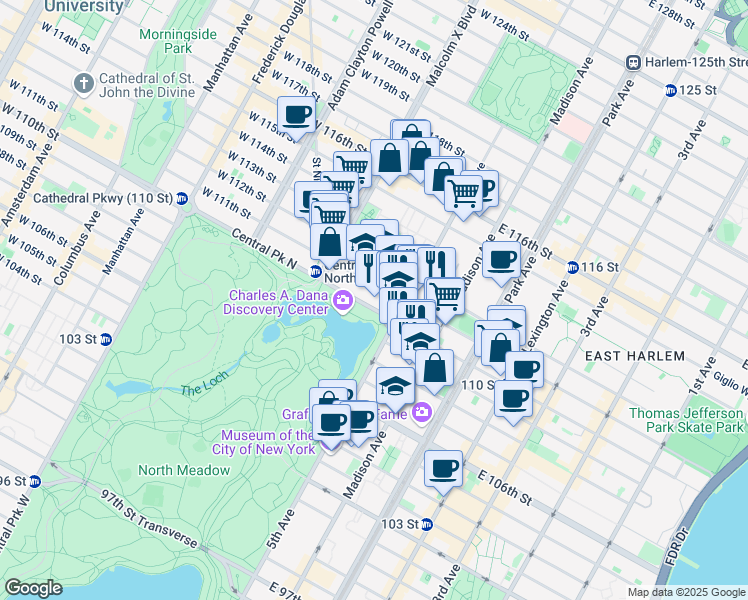 map of restaurants, bars, coffee shops, grocery stores, and more near 7 Central Park North in New York