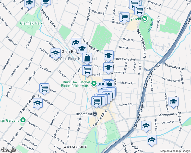 map of restaurants, bars, coffee shops, grocery stores, and more near 44 Park Street in Bloomfield