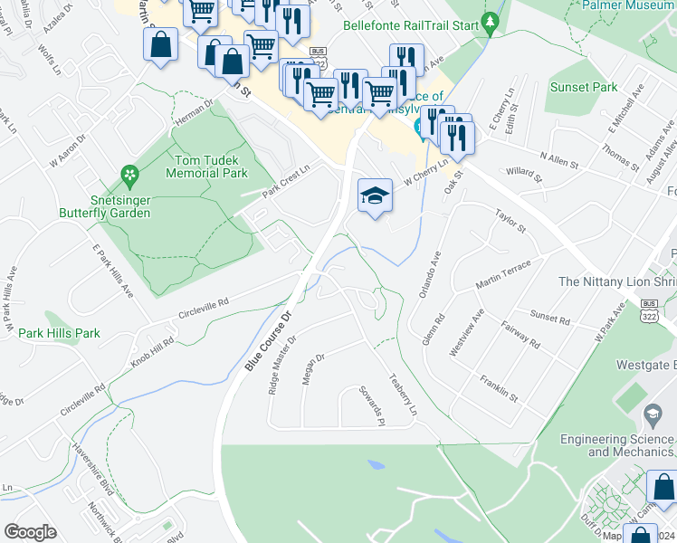 map of restaurants, bars, coffee shops, grocery stores, and more near 1123 Teaberry Lane in State College
