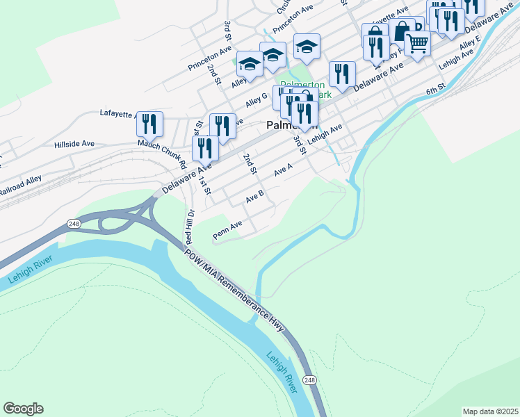 map of restaurants, bars, coffee shops, grocery stores, and more near 21 Cornell Avenue in Palmerton