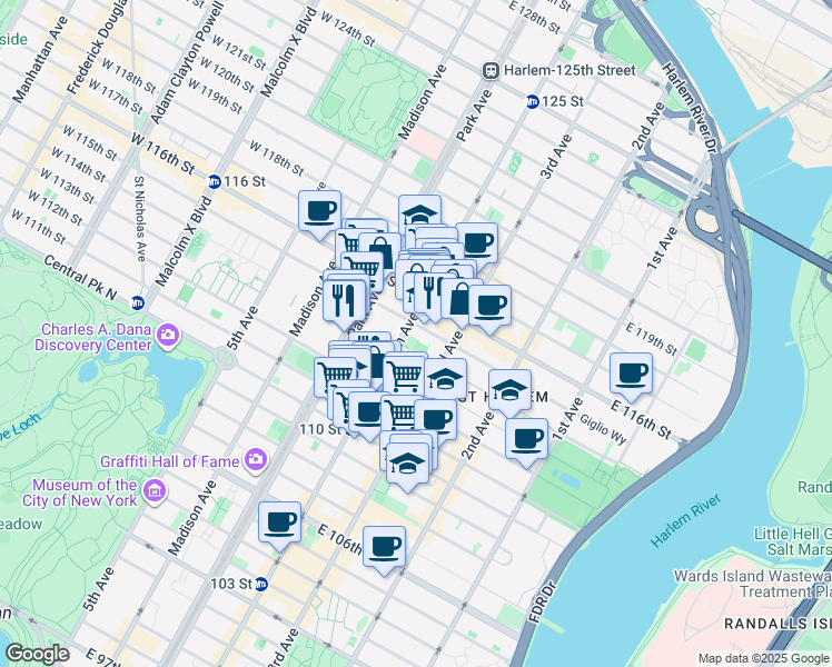 map of restaurants, bars, coffee shops, grocery stores, and more near 158 East 115th Street in New York