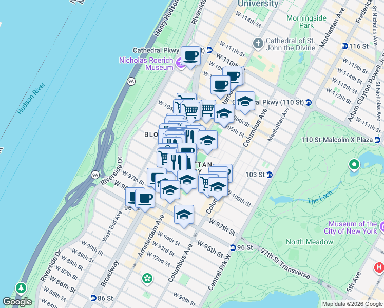 map of restaurants, bars, coffee shops, grocery stores, and more near 848 Amsterdam Avenue in New York