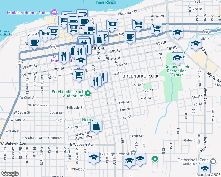 map of restaurants, bars, coffee shops, grocery stores, and more near 1105-1125 H Street in Eureka