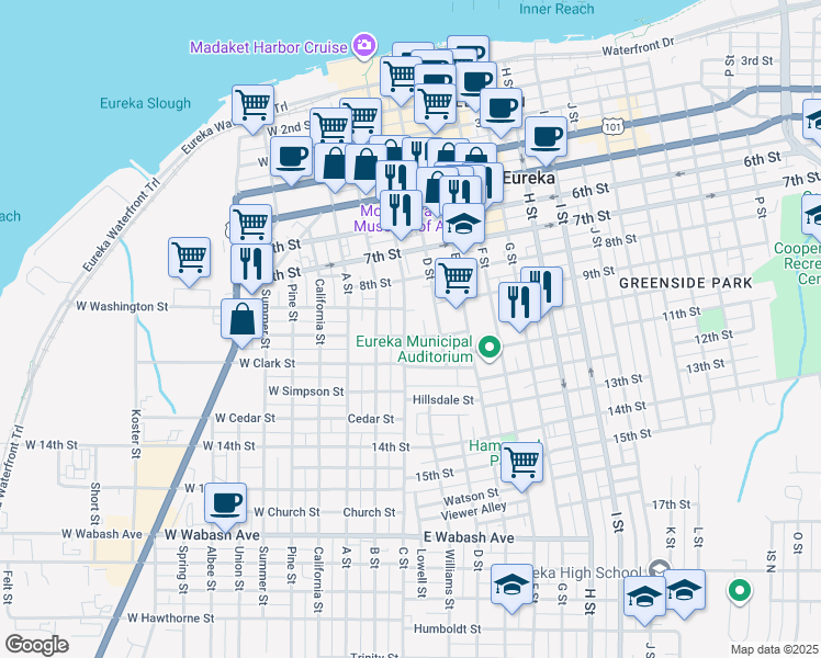 map of restaurants, bars, coffee shops, grocery stores, and more near 1017 C Street in Eureka