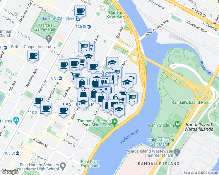 map of restaurants, bars, coffee shops, grocery stores, and more near in New York