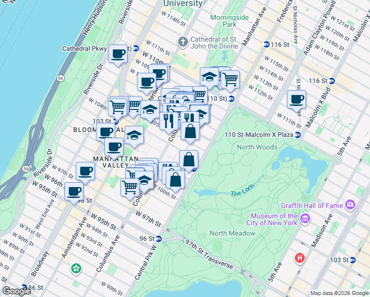 map of restaurants, bars, coffee shops, grocery stores, and more near 8 West 104th Street in New York