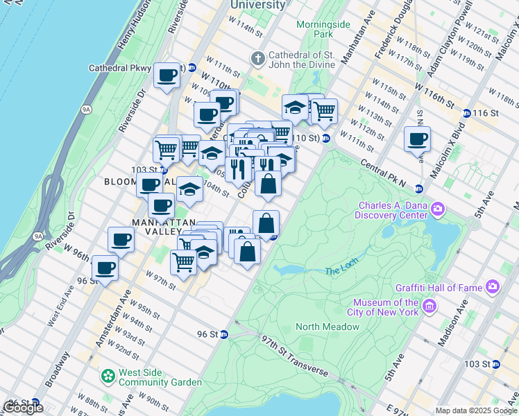 map of restaurants, bars, coffee shops, grocery stores, and more near 8 West 104th Street in New York
