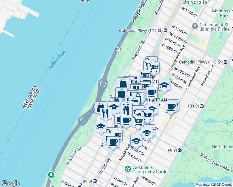 map of restaurants, bars, coffee shops, grocery stores, and more near 258 Riverside Drive in New York