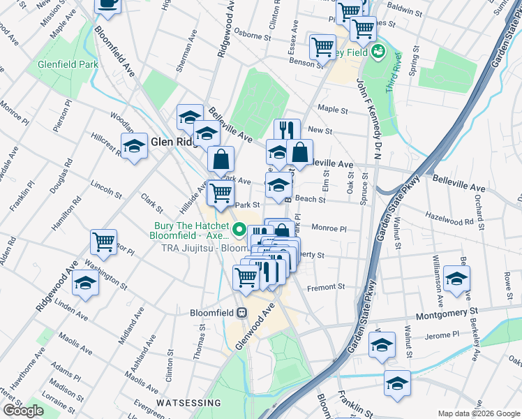 map of restaurants, bars, coffee shops, grocery stores, and more near 40 State Street in Bloomfield