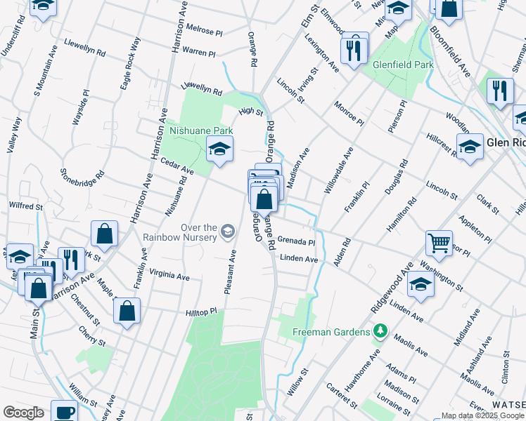 map of restaurants, bars, coffee shops, grocery stores, and more near 323 Orange Road in Montclair