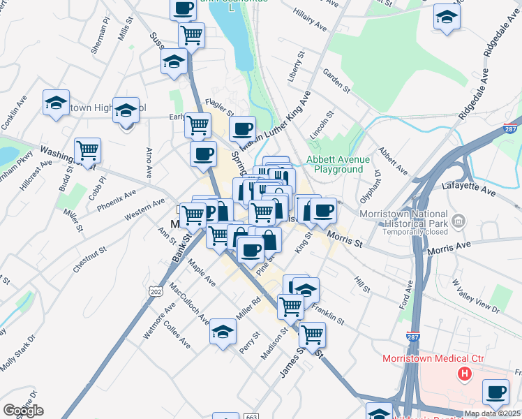 map of restaurants, bars, coffee shops, grocery stores, and more near 59 Morris Street in Morristown