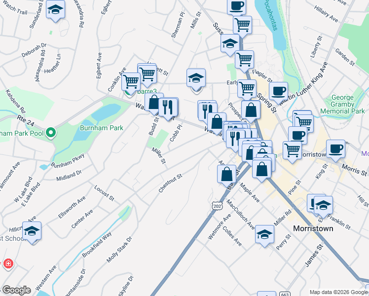 map of restaurants, bars, coffee shops, grocery stores, and more near 43 Western Avenue in Morristown