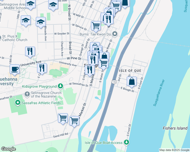 map of restaurants, bars, coffee shops, grocery stores, and more near 16 East Bough Street in Selinsgrove