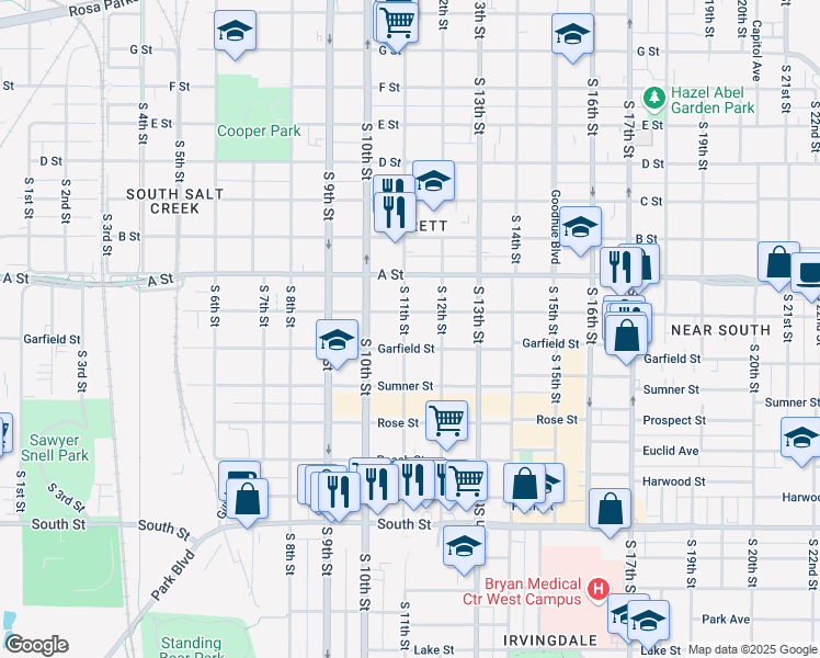 map of restaurants, bars, coffee shops, grocery stores, and more near 1114 Garfield Street in Lincoln