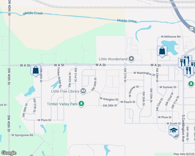 map of restaurants, bars, coffee shops, grocery stores, and more near 1640 Southwest 30th Street in Lincoln